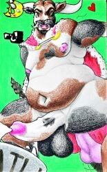 absurd_res anthro balls belly bodily_fluids bovid bovine bucket cape cattle clothing container crown cum dildo ejaculation erection genital_fluids genitals green_background headgear heart_symbol hi_res looking_at_viewer male mammal marthan_crowl_(artist) navel nipples one_eye_closed overweight overweight_anthro overweight_male penis sex_toy simple_background solo solo_focus text wink winking_at_viewer