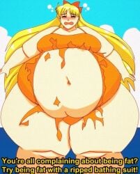 1girls beach belly big_belly big_breasts bishoujo_senshi_sailor_moon blonde_hair bow breasts cleavage cookies-cat fat female female_only hair_ribbon minako_aino obese one-piece_swimsuit outdoors ripped_clothing swimsuit tagme thick_thighs thunder_thighs wide_hips yellow_hair