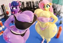 2girls ai_generated black_clothing gym hasbro huge_ass huge_breasts my_little_pony pink_clothing tight_clothing