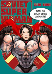 abs biceps big_muscles black_hair blue_eyes breasts extreme_muscles female female_only flexing gloves hammer_and_sickle muscles muscular_female pegius solo soviet_superwoman torn_clothes veins