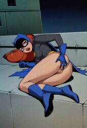 1girls ai_generated ass barbara_gordon batgirl batman:_the_animated_series batman_(series) bubble_butt dc dc_comics dcau hand_on_butt looking_at_viewer looking_back lying_on_side presenting_pussy pussy solo solo_focus