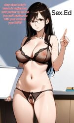 ai_generated black_hair brown_eyes classroom crotchless_panties female_teacher glasses hairy_pussy innie_pussy large_breasts lonelylady long_hair original pointing see-through_bra sex_ed sex_education slim_waist teacher whiteboard