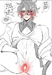 1boy clitoris cum_in_pussy cum_on_upper_body cuntboy cuntboy_only dr._ratio_(honkai:_star_rail) dripping_cum flushed flushed_face glasses half-dressed half_naked hand_on_pussy male male_only pussy_juice_drip thigh_strap vagina wearing_glasses