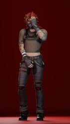 belt boots chest_harness choker fishnets fortnite fortnite:_battle_royale gloves hand_through_hair jeans lucien_west mask messy_hair peeing peeing_self red_hair tattoos toned wet wetting wetting_clothing wetting_self yellow_eyes