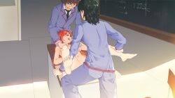 eroge on_desk red_hair school_uniform straight threesome