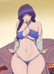 1girls bbw beauty_mark bed bed_sheet bedding bedroom belly belly_button big_breasts blue_bikini blue_bikini_bottom blue_bikini_top blue_panties blue_swimsuit blue_thong boruto:_naruto_next_generations boruto:_two_blue_vortex braided_hair braided_twintails busty child_bearing_hips cleavage condom condom_packet_strip condom_wrapper curvaceous curves curvy curvy_body curvy_female curvy_figure curvy_hips ear_piercing earrings eyelashes female female_focus female_only g-string hi_res high_resolution highres hips hourglass_figure imminent_sex inner_sideboob jewelry kakei_sumire large_breasts light-skinned_female light_skin lips lipstick looking_at_viewer makeup naruto naruto_(series) pale-skinned_female pale_skin parted_lips pink_lips pink_lipstick puckered_lips purple_eyes purple_hair ring shounen_jump shueisha sitting sitting_on_bed solo solo_female solo_focus swimsuit thick_thighs thighs thong thunder_thighs tied_hair twintails uchihaniray underboob very_high_resolution weekly_shonen_jump wide_hips