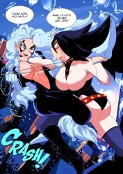 2girls ass big_ass big_breasts black_bodysuit black_cat_(marvel) black_hair bodysuit breasts crossover eastern_and_western_character english_text felicia_hardy female female_only fighting huge_breasts large_ass large_breasts long_hair marvel marvel_comics midair midnight_(my_hero_academia) multiple_girls my_hero_academia nemuri_kayama sonchapo spider-man_(series) text white_hair