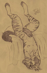 2010 anthro bed biped brown_background equine freckles_(artist) full-length_portrait fur hair hooves humanoid_penis male male_only mammal monochrome nipples nude pencil_(artwork) penis pillow portrait sepia signature simple_background snout solo striped_fur stripes stripes_(character) traditional_media_(artwork) uncut upside-down zebra