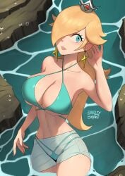 1girls alluring athletic_female barleyshake big_breasts bikini blonde_hair blue_bikini blue_eyes blue_skirt blush cleavage collarbone crown earrings female_abs fit_female hair_over_one_eye high_res jewelry long_hair looking_to_the_side mario_(series) navel nintendo princess princess_rosalina river see-through_clothes see-through_skirt skirt standing star_(symbol) star_earrings super_mario_bros. swimsuit wading water