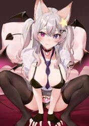 annytf bat_wings clothed demon_tail fox_ears indie_virtual_youtuber kasumi_komo large_breasts licking_lips on_bed open_shirt purple_eyes silver_hair star succubus_tattoo thighhighs underwear virtual_youtuber