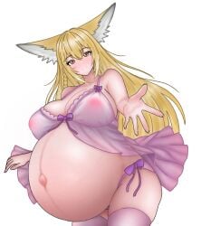 aged_up arknights barely_visible_nipples blush gigantic_belly huge_breasts hyper_pregnancy nightgown pregnant reaching_out smile suzuran_(arknights) thick_thighs white_background wide_hips wife