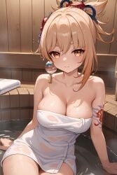 ai_generated arm_tattoo bangs big_ass big_breasts big_butt blonde_female blonde_hair blonde_hair hair_ornament high_resolution highres hoyoverse jasse tagme towel towel_only yoimiya_(genshin_impact)