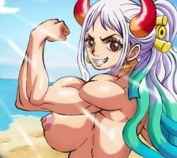 beach brown_eyes earrings gradient_hair hair_ornament horns muscular_female one_piece rao_jackman solo_female white_hair yamato_(one_piece)