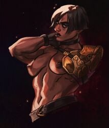 1girls abs allambaria angry arcane armor belt big_breasts black_hair black_lipstick collar dark-skinned_female dark_skin exposed_breasts gloves league_of_legends looking_at_viewer muscular muscular_female one_arm sevika short_hair solo topless