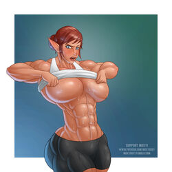 abs blue_eyes breasts brown_hair female large_breasts moxy_(character) moxydoxy muscles muscular_female navel pointy_ears solo sweat underboob