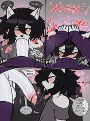 2boys after_blowjob after_fellatio anthro anthro_on_anthro balls_deep big_penis biped black_hair blowjob blush clothed clothing deep_blowjob deepthroat eyes_half_open eyes_rolled_back eyes_rolling_back fella_(oro97) fellatio femboy femboy_only femboydom femboysub forced_deepthroat grabbing_head grey_body grey_ears grey_fur grey_shirt grey_tail head_grab heart_symbol hi_res high_resolution highres hung_bottom hung_femboy hung_trap oro97 pink_glans pink_tip purple_clothing purple_hoodie purple_thighhighs red_eyes rolling_eyes saliva saliva_drip saliva_on_face saliva_on_penis saliva_on_tongue saliva_trail sloppy_blowjob sloppy_fellatio speech_bubble tears white_body white_fur