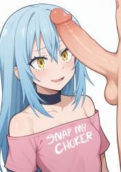 ai_generated bare_shoulders choker genderswap_(mtf) large_penis light_blue_hair penis pink_shirt rimuru_tempest small_breasts smug snap_my_choker tensei_shitara_slime_datta_ken testicles worried yellow_eyes