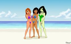 3girls aged_up arms_behind_back artist_name bare_shoulders barefoot beach big_breasts bikini bikini_bottom bikini_top black_hair brown_eyes brown_skin busty cleavage curvy dark-skinned_female dark_skin day detailed_background disney disney_channel ear_piercing earrings erect_nipple erect_nipples eyeliner eyeshadow female female_only fnbman front_view green_eyes green_lipstick hair_over_one_eye hand_behind_back hands_behind_back hourglass_figure human kim_possible kimberly_ann_possible large_breasts leotard lipstick long_hair looking_at_viewer makeup midriff multiple_females multiple_girls necklace nipple_bulge ocean older one-piece_swimsuit open_mouth orange_hair outdoor outdoors outside piercing pose posing purple_lipstick red_lipstick sand shadow shego shiny shiny_skin standing swimsuit teenage text toes voluptuous water wide_hips zita_flores