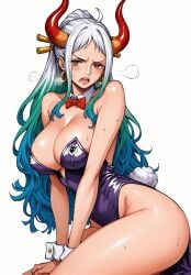 ai_generated alluring almost_naked almost_nude big_breasts big_breasts blue_hair blush blush breasts breasts bunny bunny_costume bunny_ear bunny_ears bunny_girl bunny_suit bunny_tail bunnygirl bunnysuit earring earrings green_hair hair_ornament long_hair looking_at_viewer multicolored_hair one_piece open_mouth orange_eyes seducing seduction seductive seductive_body seductive_eyes seductive_gaze seductive_look seductive_mouth seductive_pose seductive_smile shiny_hair shiny_skin steamy_breath sweat sweatdrop sweating sweaty sweaty_body voluptuous voluptuous_female white_hair yamato_(one_piece) yashin