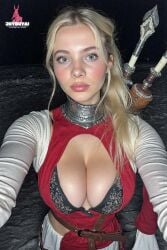 absurdres ai_generated armor blonde_hair celebrity ciri ciri_(netflix) cleavage female female_only freya_allan highres hourglass_figure joyboyai large_breasts night outdoors pov real_person realistic selfie solo_female the_witcher_(series) toned