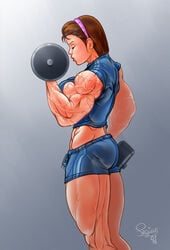 biceps big_muscles closed_eyes earrings extreme_muscles female muscles muscular_female pegius shorts solo veins weightlifting weights