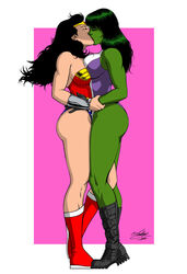 2015 2girls arm arms bare_arms bare_legs bare_shoulders between_legs black_hair boots bracelet bracer breast_press breasts cleavage closed_eyes crossover dc dc_comics female female_only full_body gloves green_hair green_skin grey_boots grey_gloves hug hulk_(series) kaywest kissing large_breasts legs leotard lesbian long_hair marvel marvel_comics mutual_yuri red_boots romantic she-hulk sleeveless sleeveless_leotard standing strapless strapless_leotard symmetrical_docking tiara wonder_woman wonder_woman_(series) yuri