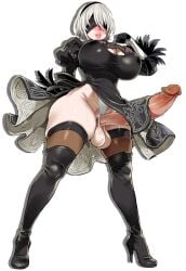 ai_assisted big_breasts big_hips big_lips big_penis black_dress erection futanari high_heels nier:_automata penis short_hair sultrybunny testicles thigh_high_boots thigh_high_stockings transparent_background uncensored white_hair yorha_2b