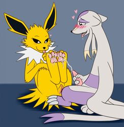 anatomically_correct anatomically_correct_pussy animal_genitalia animal_pussy blush canine_pussy cum cum_on_feet drooling duo eeveelution female feral feral_on_feral foot_fetish hindpaw jolteon krixata male masturbation mienshao nintendo orgasm pawpads paws penile_masturbation penis pokemon pokemon_(species) pussy saliva straight tapering_penis tongue tongue_out video_games