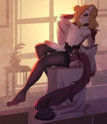 1boy animal_ears animal_nose bare_shoulders black_panties black_thighhighs blonde_hair body_freckles body_fur brown_fur choker cum cum_on_body cum_on_penis english_commentary ferret_boy ferret_ears ferret_tail freckles frilled_panties frilled_thighhighs frills from_side full_body furry furry_male highres large_penis lazysnout legwear_garter lingerie medium_hair nipples nude orange_eyes original panties parted_lips penis sitting solo thighhighs toeless_legwear trap two-tone_fur underwear white_fur