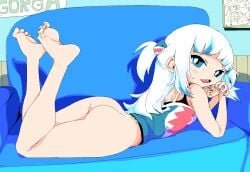 1girls ass bare_ass blue_eyes bottomless exposed_ass gawr_gura hololive hololive_english hololive_myth legs_up looking_at_viewer lounging on_couch painted_nails painted_toenails shark_girl sharp_teeth solo tank_top virtual_youtuber white_hair yev-san