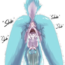 after_sex akitokit anthro anus blue_fur blue_hair blush breasts cum cum_in_pussy cum_inside english_text female fur hair lagomorph mammal nipples open_mouth pussy pussy_juice rabbit shaking simple_background sound_effects text trembling white_background yellow_eyes