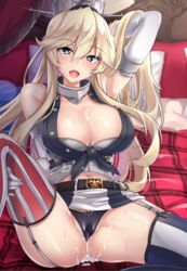 beltskirt black_bikini_bottom cameltoe cleavage cum cum_in_pussy iowa_(kantai_collection) kantai_collection kazami_chiu stockings striped_skirt thighhighs upskirt