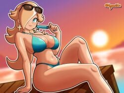 1girls big_breasts bikini bikini_bottom bikini_top blonde_hair blue_bikini blue_eyes blue_nail_polish blue_nails bottomwear breasts cleavage earrings female female_only hair hair_over_one_eye headwear hips holding_object lips long_hair mario_(series) nail_polish nails nintendo nyazuliart popsicle princess_rosalina solo solo_female sunglasses sunglasses_on_head sunset swimwear thighs topwear