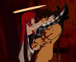 1boy 1girls banging guilty_gear guilty_gear_strive happy_sex holding_legs huge_ass jack-o'_valentine lolikill sol_badguy standing_sex tongue_kiss wall