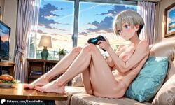 1girls ai_generated breasts burger casual casual_nudity curtains encoder female game_controller large_breasts naked naked_female nipples no_panties no_underwear nude nude_female pillow playing_videogame pussy room short_hair sitting sitting_on_sofa sofa table television uzaki-chan_wa_asobitai! uzaki_hana vagina window