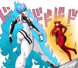 2girls alcione asuka_langley_sohryu big_ass big_breasts blue_hair bubble_ass bubble_butt curvaceous hi_res high_resolution jojo_reference large_ass large_breasts meme neon_genesis_evangelion orange_hair plugsuit rei_ayanami skin_tight skin_tight_suit voluptuous voluptuous_female