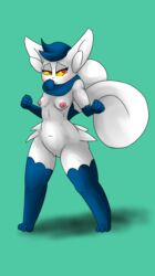 animal_genitalia anthro blue_fur blush breasts feline female fur furry furry_only iguanasarecool mammal meowstic nintendo nipples no_humans pokémon_(species) pokemon pussy simple_background solo standing tail video_games white_fur yellow_eyes