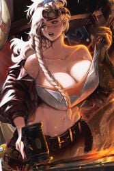 1girls 2024 absurdres adjusting_clothes arm_guards arms_up artist_name asymmetrical_gloves asymmetrical_hair belt blacksmith blonde_hair blue_eyes breasts buckle capcom cleavage collarbone commentary cowboy_shot cropped_jacket english_commentary exhausted female female_only gemma_(monster_hunter_wilds) gloves goggles goggles_on_head groin hair_ornament hair_scrunchie hammer highres holding holding_hammer indoors jacket lapels large_breasts leather leather_belt leather_jacket leather_pants lips long_hair long_sleeves messy_hair midriff monster_hunter_(series) monster_hunter_wilds navel notched_lapels open_clothes open_jacket open_mouth pants red_lips risenart scrunchie shiny_skin simple_background solo sparks standing sweat unaligned_breasts underwear very_long_hair