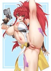 absurdres ass ass_focus bar_censor blue_background blush border bow breasts brown_gloves censored commentary commission crossed_bangs english_commentary female female_pubic_hair fingerless_gloves fingernails gloves gun hair_between_eyes high_kick highres himeki_luna holding holding_gun holding_weapon kicking kneepits large_breasts leg_tattoo long_fingernails long_hair looking_at_viewer maebari nail_polish navel nipples open_mouth outside_border pelvic_curtain pink_nails pixiv_commission ponytail pubic_hair pussy red_hair revealing_clothes smile solo split standing standing_on_one_leg standing_split stomach tattoo teeth thore_(nathalukpol) tongue upper_teeth_only vanguard_princess weapon white_border yellow_bow yellow_eyes