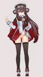1girl 3d brown_hair brunette camel_toe cameltoe exposed_pussy genshin_impact hu_tao_(cherries_snow-laden)_(genshin_impact) hu_tao_(genshin_impact) indecent_exposure lifting_shirt lifting_skirt long_hair looking_at_viewer no_panties open_pants peace_sign pervert shoes silly silly_face standing star_eyes stockings tagme thick_thighs tongue_out