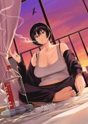barefoot big_breasts breasts chubby chubby_female cigarette cleavage clothed full_body girlfailure hitachi_magic_wand holding_cigarette indoors izumida_fuyuki large_breasts neet no_bra off_shoulder official_art plump purple_hair sagging_breasts short_hair smoke smoking smoking_cigarette sunset sweatpants toes track_suit vibrator yotaka_aoi yotaka_futatabi
