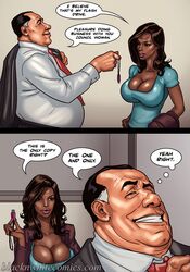 1boy 1girls big_breasts black_'n'_white_comics blacknwhitecomics brown_eyes brown_hair cleavage comic dark-skinned_female dark_skin dialogue english_text female flash_drive huge_breasts human human_only interracial light-skinned_male light_skin male mayor_white panels straight_hair tanya_jackson the_mayor ugly_man watermark yair