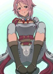 aincrad armor blush chestplate female female_only gloves hair_ornament hairclip high_resolution lisbeth pink_eyes pink_hair ps3c0d8f shinozaki_rika short_hair smile solo spread_legs spread_vagina spread_vagina_under_clothes sword_art_online uncensored vagina wet