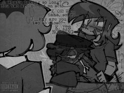 jumpcut! dovernade gilbert_kendrick ashton_trueman jasper_fischer watermark black_and_white humanized humanization gijinka gay yaoi male_only 3boys walked_in_on sweat covering_mouth anal anal_sex anal_penetration beanie long_hair earrings hidden hidden_sex one_eye_closed motion_lines