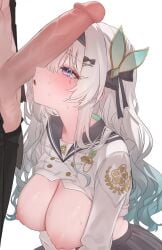 1boy 1girls aqua_hair black_pants black_shirt black_skirt blush breasts breasts_out collarbone erection firefly_(honkai:_star_rail) firefly_(spring_missive)_(honkai:_star_rail) grey_hair hair_ornament hairclip harin_05 headband hi_res honkai:_star_rail honkai_(series) imminent_oral large_breasts large_penis long_hair multicolored_eyes multicolored_hair nipples open_clothes pants_down penis penis_awe penis_on_face pleated_skirt sailor_collar school_uniform serafuku shirt_lift simple_background skirt straight sweat white_background white_shirt