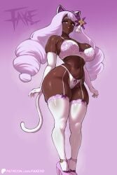 1girls big_breasts cat_ears cat_tail catgirl clothing dark-skinned_female dark_skin fake_(artist) female female_only heels hi_res jacinthe_(pokemon) lingerie long_hair looking_at_viewer lord_socar pokemon pokemon_legends:_z-a purple_background purple_eyes purple_hair smiling smiling_at_viewer solo stockings tail thick thick_thighs white_lingerie white_stockings yukari_(pokemon)