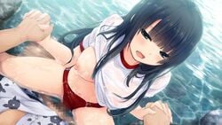 bangs black_hair blue_eyes blunt_bangs breasts buruma buruma_aside censored coffee-kizoku eyebrows_visible_through_hair female game_cg gym_uniform hair_over_breasts hand_holding interlocked_fingers medium_breasts mosaic_censoring navel nipples outdoors partially_submerged sex shirt shirt_lift sidelocks solo_focus straight water wet wet_clothes wet_shirt