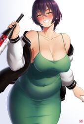1girls belly big_breasts black_nails blush breasts chubby chubby_female cleavage clothed covered_navel covered_nipples curvy curvy_figure dress drunk female finalcake green_dress grin large_breasts letterman_jacket no_bra off_shoulder purple_hair sake sake_bottle short_hair solo spaghetti_strap yellow_eyes yotaka_aoi yotaka_futatabi