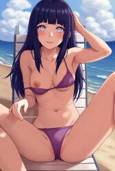 1girls ai_generated animated bikini bikini_aside bikini_bottom bikini_top breasts breasts_out embarrassed embarrassed_female long_hair medium_breasts nipple_slip nipples outdoors purple_bikini spread_legs swimsuit tagme video