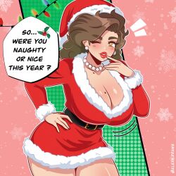 1female 1girls 2020s 2025 2025s alexndraws big_breasts breasts brown_hair brunette brunette_female brunette_hair christmas christmas_background christmas_clothing christmas_outfit cleavage curvaceous curvy curvy_female curvy_figure curvy_hips digital_drawing_(artwork) digital_media_(artwork) english_text female female_focus female_only hand_on_hip hi_res high_quality high_resolution highres hips huge_breasts jaki_(alexndraws) jpg light_brown_hair motion_lines naughty_or_nice oc original original_characters pearl_earrings pearl_necklace plump_lips red_lips sexy shiny shiny_clothes shiny_hair shiny_skin slim_waist smile smiling solo solo_female solo_focus text text_bubble wobbling_breasts yellow_eye